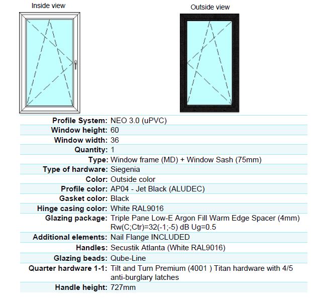 36 in X 60 in. uPVC-Triple Pane, Tilt & Turn, LowE-Glass, +Screens, +Nail Flange. White-Black; New Construction or Replacement, Left/Right Handed